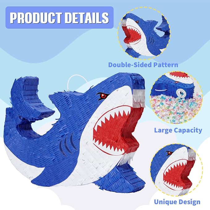 WERNNSAI Shark Piñata - Ocean Shark Birthday Party Decorations Kids Boys Piñata with Blindfold and Bat for Under the Sea Party Supplies Baby Shower Birthday Game Set