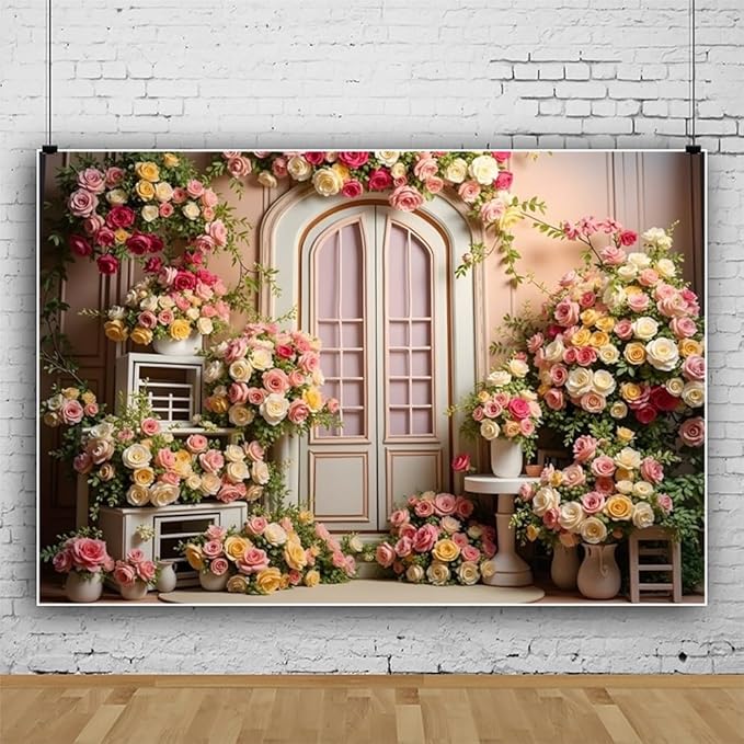 ChloropLastid 10x8ft Wedding Floral Backdrop Pink White Blooming Flowers Photography Background Retro Door Wedding Engagement Bridal Shower Birthday Party Supplies Portrait Photo Booth Props