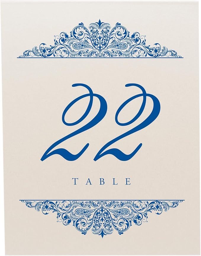 Paisley Wedding Table Numbers (Select Color/Quantity), Champagne, Royal Blue, 1-25, Double Sided, Tent or Use in a Stand, Great for Parties & Restaurants - Made in the USA