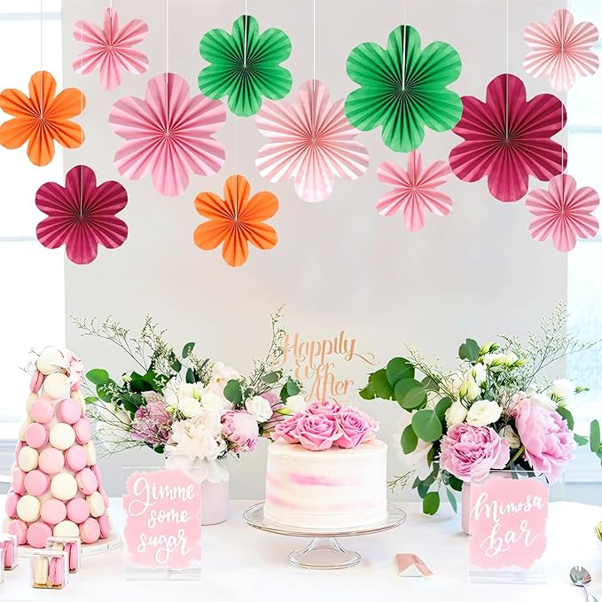 BestoFun 12 PCS Paper Flowers Fans Red Green and Pink Party Decorations Paper Flowers Decorations for Wall Girl Groovy Birthday Baby Shower Wedding Bachelorette Room Hanging Décor