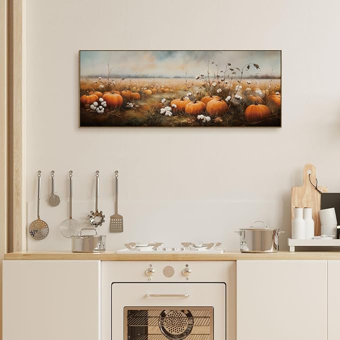 TLESKE Vintage Fall Pumpkin Farmhouse Large Wall Art Decor Framed 15x40 | Autumn Pumpkin Field Landscape Canvas Wall Art Print for Bedroom Living Room, Rustic Farm Harvest Wall Artwork Picture