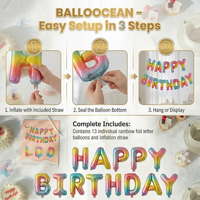 Rainbow Happy Birthday Banner Foil Letter Balloon, 14 Inch 3D Colorful Patterned Reusable Mylar Foil Letters, Birthday Decorations (Birthday Banner 4)