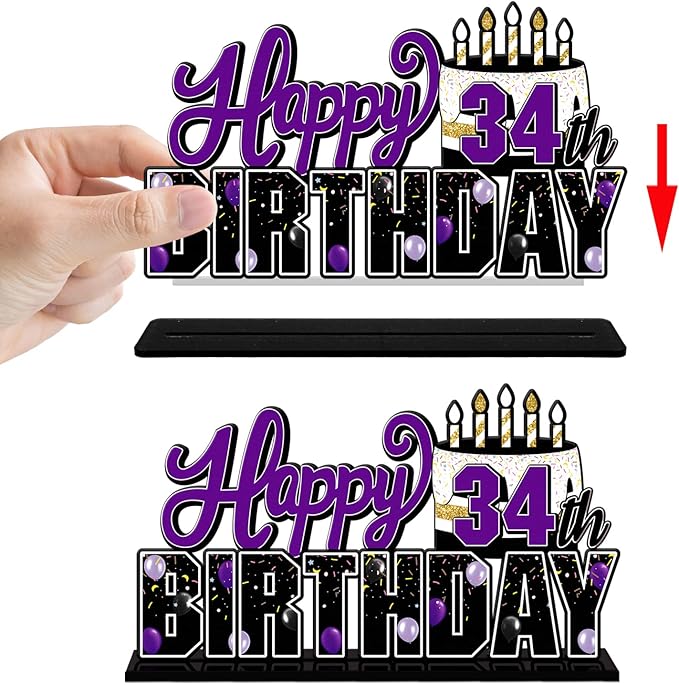 LINGTEER Happy 34th Birthday Purple Acrylic Table Topper Centerpieces Set - Cheers to 34 Years Old Birthday 34th Bday Party Gift Decorations.