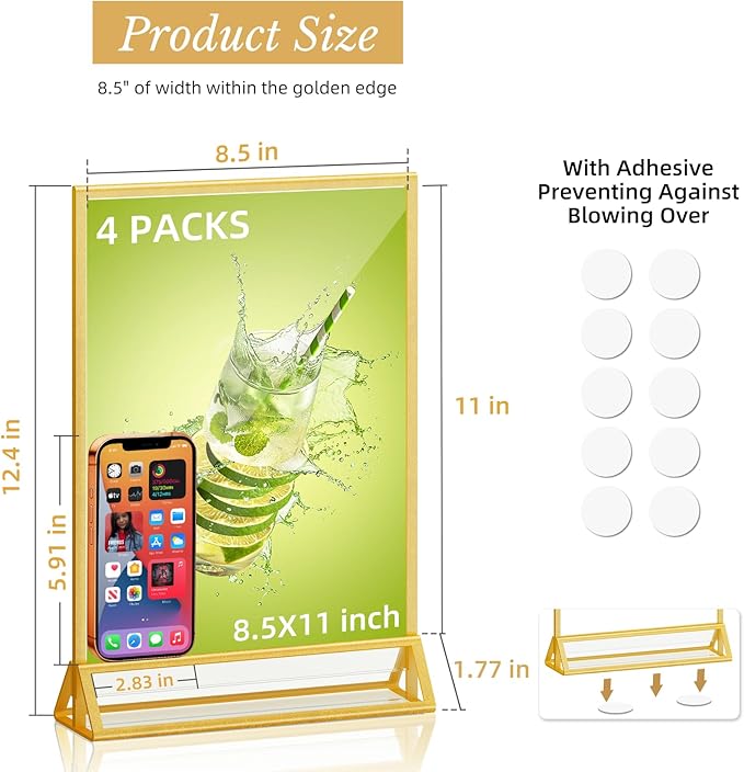 PPH-Sisy Acrylic Sign Holder 8.5 x 11, Double Sided Clear Display Stand, Gold Flyer Holder 8.5 x 11 for Home Office Shop Restaurant 4 Pcs