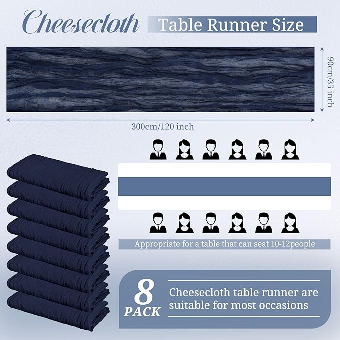 8 Pack Cheesecloth Table Runner, 10Ft Boho Gauze Table Runner 35×120 Inch Rustic Romantic Long Table Runner for Wedding Party Bridal Shower Thanksgiving Christmas Decoration(Navy Blue)