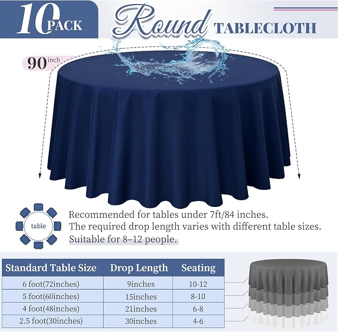 10 Pack Navy Blue Round Tablecloth 90 Inch, Waterproof Polyester Fabric Table Cloth for Round Tables, Stain Wrinkle Resistant Tablecloths Washable Table Cover for Wedding Dining Party Banquet