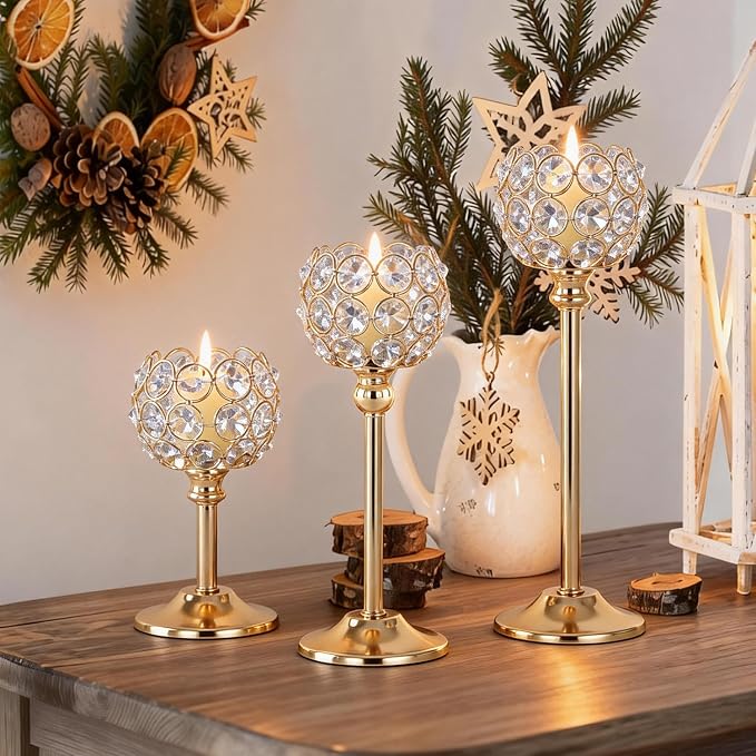 Gold Crystal Candle Holders Candlestick Holders - 2 Sets Tall Bling Bowl Candelabra Centerpieces for Dining Table, Wedding, Party & Fireplace Mantel Decor,6Pcs