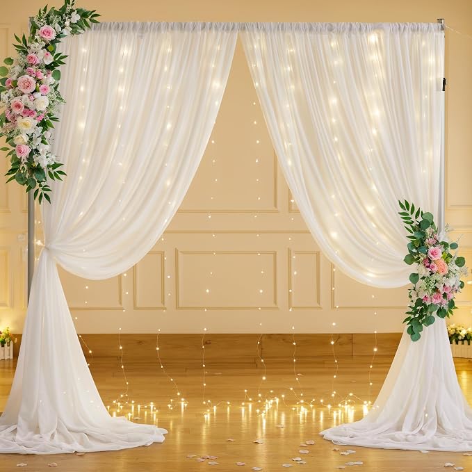 20ft x 10ft Cream White Chiffon Backdrop Curtain with Lights String for Parties,4 Panels Tulle Sheer Curtain Wedding Backdrop for Baby Shower Birthday Party Ceremony Reception Home Decorations
