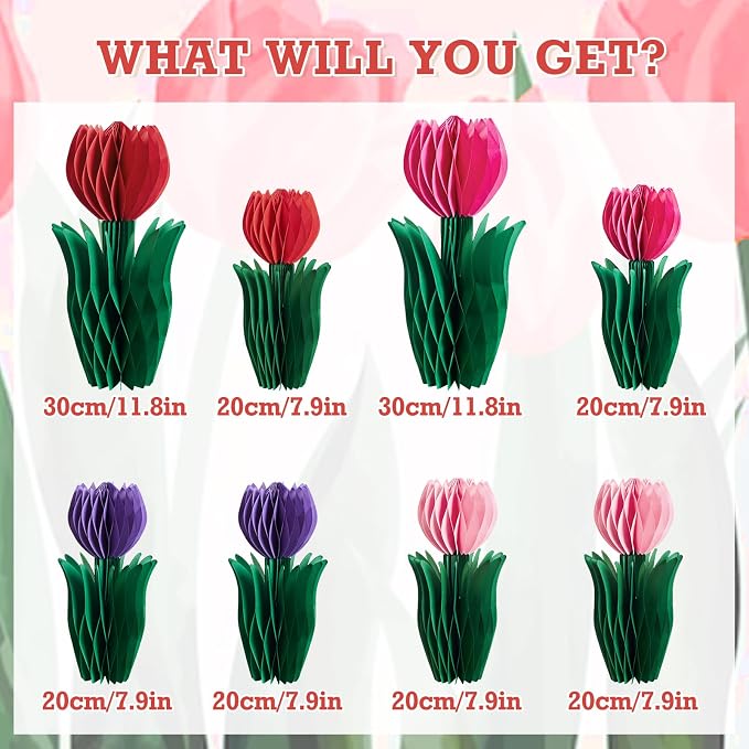 SUNBEAUTY 8 PCS Tulip Honeycomb Decorations, Spring Decorations for Office, Spring Table Decor, Red Tulip Honeycomb Flower Decorations Spring Centerpieces for Tables Mother Day Spring Party Womens Day