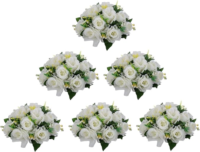 LoveCat Artificial Flower Centerpieces for Tables: 6pcs of Rose Flower Balls, Flower Kissing Balls, Fake 15-Head Plastic Flower Roses with Base for Birthday Party Christmas Home Wedding Decor (White)
