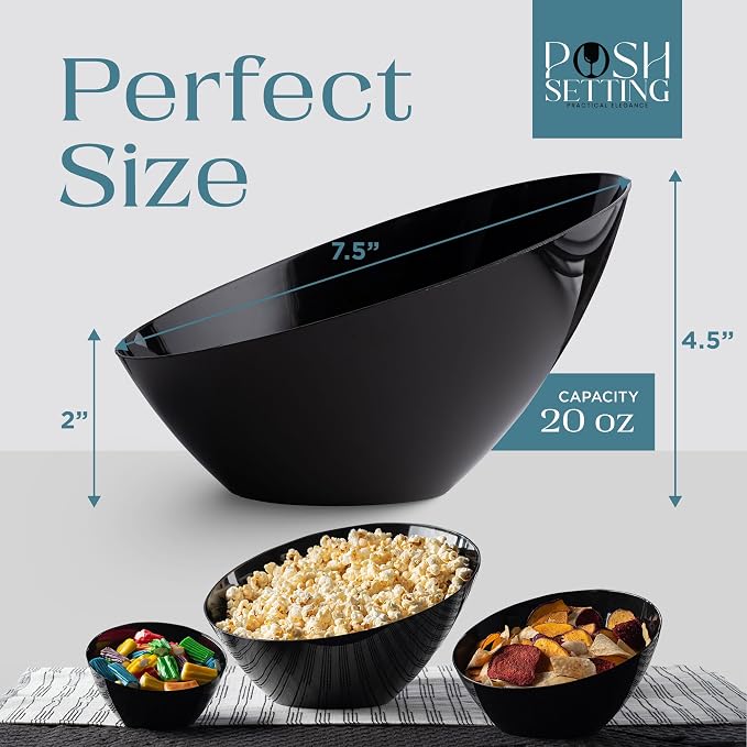 Posh Setting - Black Plastic Serving Bowls for Party Angled Bowls Disposable Chip Bowls Candy Bowls for Party Table Salad and Fruit Bowls for Wedding Serving Bowls-Black, 20 OZ, 5 Pack