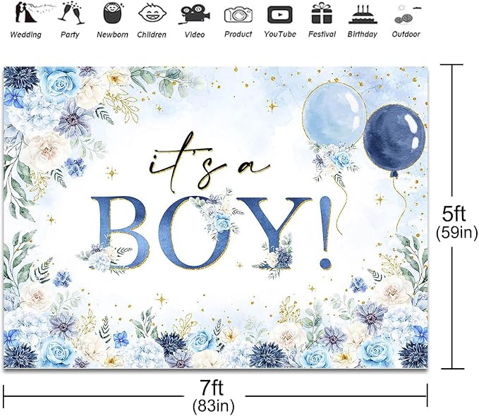 It's a Boy Baby Shower Backdrop 7x5ft Watercolor Blue Floral Baby Shower Party Decorations Background for Boys Blue Balloon Banner Photo Booth Props