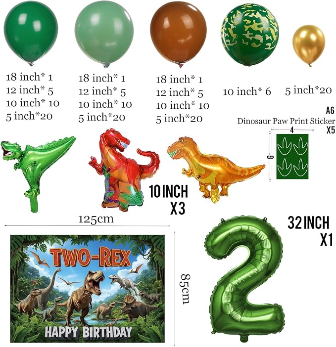 Dinosaur Two-Rex Birthday Decorations include Hunter Green Brown Gold balloon arch & small Dino Foil balloons & backdrop & footprint stickers for Kids Boys Jungle Safari Dino 2rd Party Supplies
