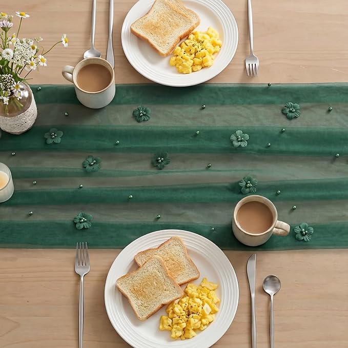 Artoid Mode Green Flower Pearl Green Gauze Table Runner 10FT, Seasonal Sheer Dining Holiday Wedding Birthday Baby Shower Table Decor for Home Party