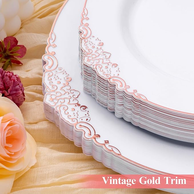 Bestluck 100 PCS White and Rose Gold Plastic Plates for 50 Guests, Rose Gold Disposable Plates Include 50 PCS Dinner Plates, 50 PCS Dessert Plates for Party, Wedding and Baby Shower
