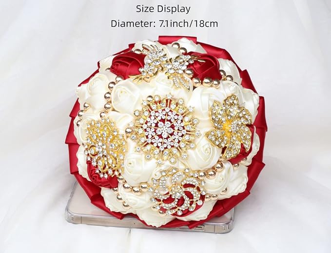 Bridal Wedding Bouquet Luxury Gold Rhinestone Brooch Bouquet for Bride Bridesmaid Quinceanera Artificial Satin Rose Flower Bouquet Wedding Burgundy and Ivory 7.1in