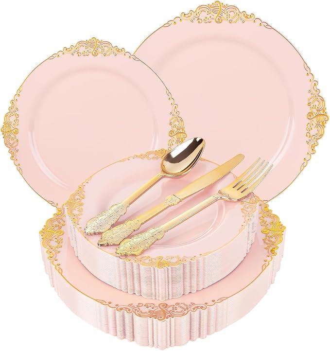 125PCS Pink and Gold Plastic Plates - Pink Disposable Plates - Vintage Plate with Gold Plastic Silverware Set for 25 Guests for Weddings Baby Shower Parties