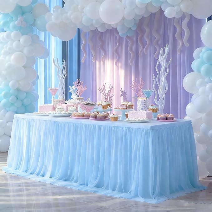 Baby Blue Tulle Tablecloth Table Skirt for 6 Foot Rectangle Tables, Baby Shower Blue Table Cloths Ruffle Tutu Table Skirt Stretch Fitted Table Covers for Wedding Birthday Party Reception Celebration