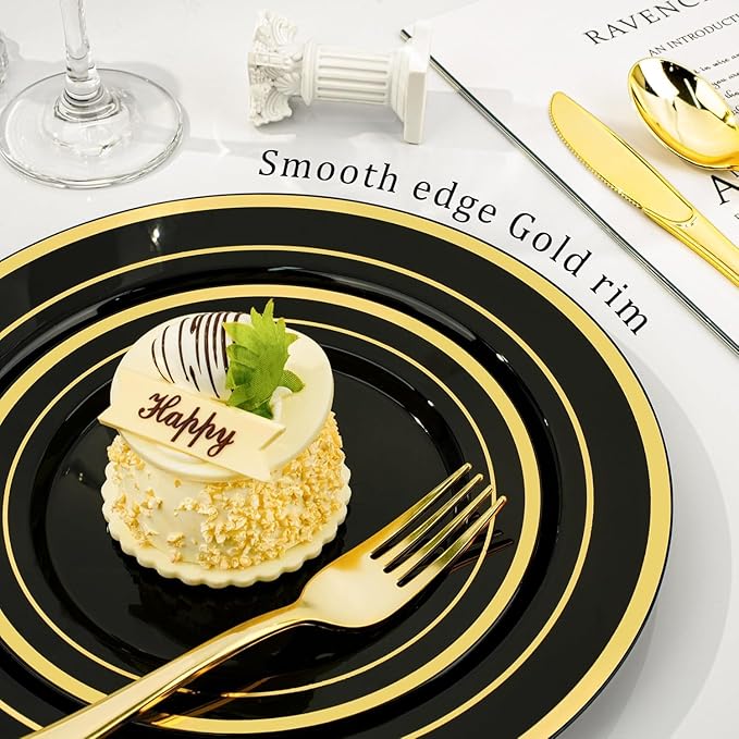 BESTVIP 525PCS Black Gold Dinnerware Set for 75 Guests, Plastic Plates for Halloween Party and Christmas, 75 Disposable Plates, 75 Dessert Plates, 75 Cups, 75 Spoons, 75 Forks and 75 Knives