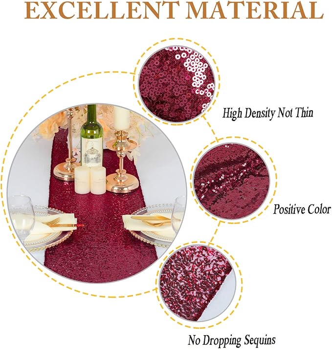 ShinyBeauty Burgundy Table Runner 108 Inches Long Sequin Table Runners 20 Packs Sparkle Maroon Runner for Party Dinning Outdoor Cake Tables Christmas Decor(12X108Inch)