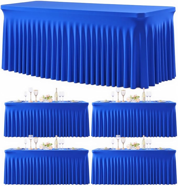 4 Pack Royal Blue Table Cloth for 8 Foot Rectangle Tables Spandex Fitted Tablecloth 8ft Stretch Table Covers Skirt Blue Banquet Tablecloths Wrinkle Free Tablecloth for Party Wedding Birthday Event