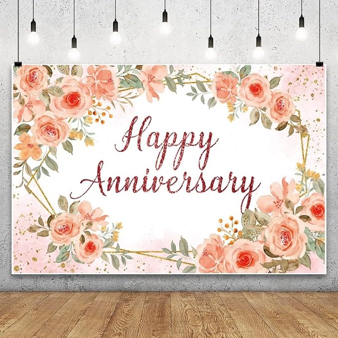 Leyiyi 5x3ft Happy Anniversary Backdrop Watercolor Pink Floral Rose Green Leaves Gold Dots Glitter Photography Background Cheers to Wedding Anniversary Bridal Shower Party Decorations Photo Props