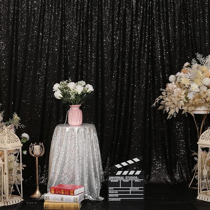 Poise3EHome 8FT x 8FT Black Sequin Backdrop Curtain Photography for Birthday Party Baby Shower Wedding Thanksgiving Holiday Festival Decor