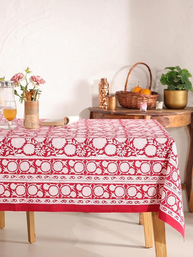 Hand Block Printed Tablecloth, Colorful Floral Print, Indian Artisan Handmade Art, Dining Room, Kitchen, Outdoor Décor, (Cloudy Red Grace, 12 Seater 72 x 135 Inches Rectangle)