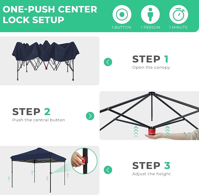 JEAREY 10x10 ft Pop Up Canopy Tent, Heavy Duty Outdoor Canopy with 1-Push Instant Setup, Commercial Tent with Roller Bag, 4 Sandbags and 8 Stakes, Water-Resistant – Navy-Blue