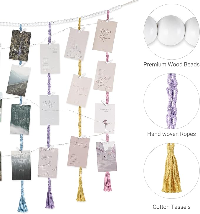 Mkono Macrame Hanging Photo Display Wall Decor with String Lights and Macrame Hanging Shelf for Bedside Shelf Organizer with Hooks