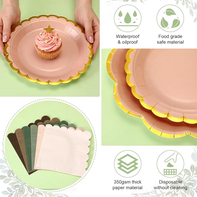 144 Pcs 48 Guests Woodland Baby Shower Tableware Set Green Brown Paper Plates and Napkins Woodland Party Supplies Disposable Tableware Scalloped Plates for Safari Jungle Birthday Wedding
