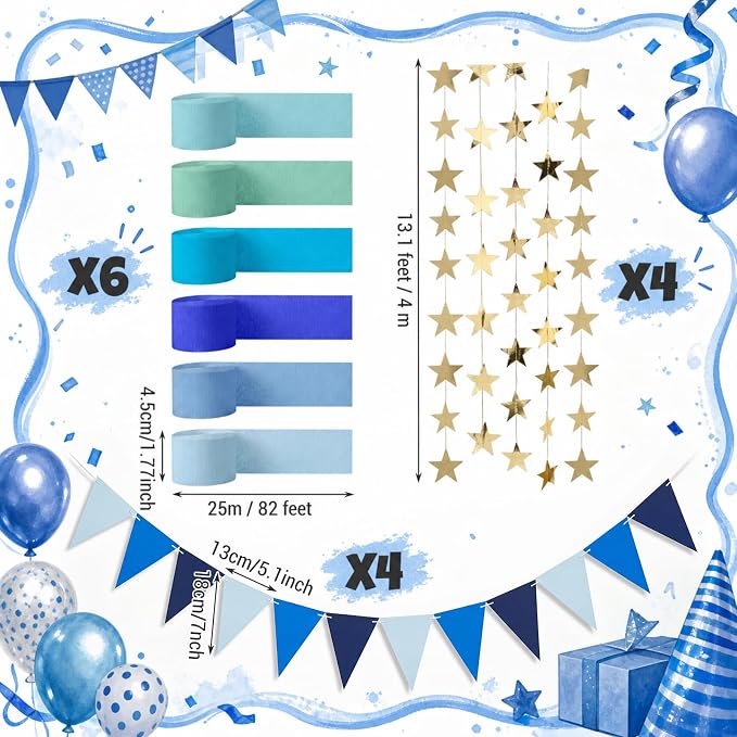 Frienda 14 Pcs Blue Party Decorations Set 492ft Colorful Crepe Paper Streamers, 52.8ft Gold Star Garlands Backdrop and 4 Pennant Banner Flags for Wedding Birthday Fancy Party Hanging Decorations