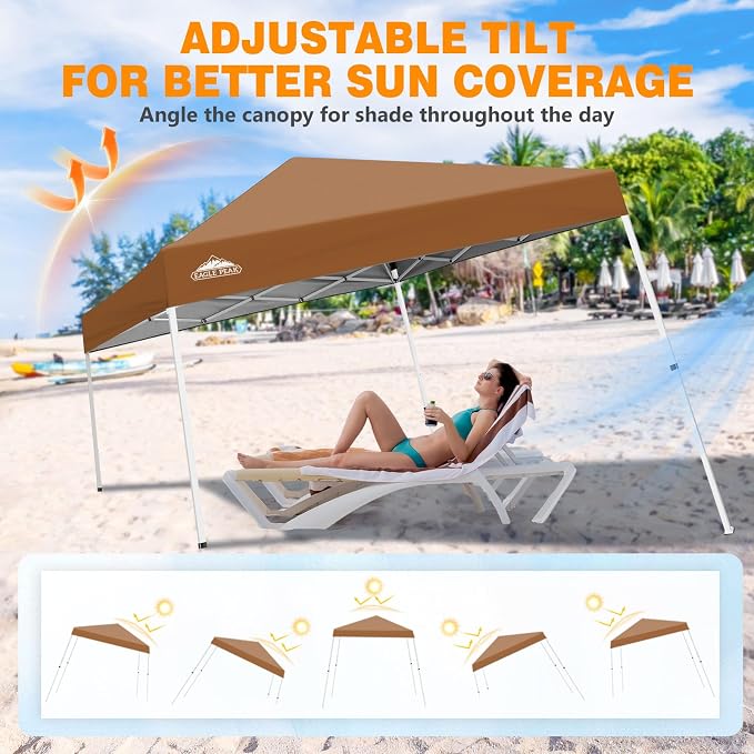 EAGLE PEAK 10x10 Slant Leg Pop-up Canopy Tent Easy One Person Setup Instant Outdoor Beach Canopy Folding Portable Sports Shelter 10x10 Base 8x8 Top (Khaki)