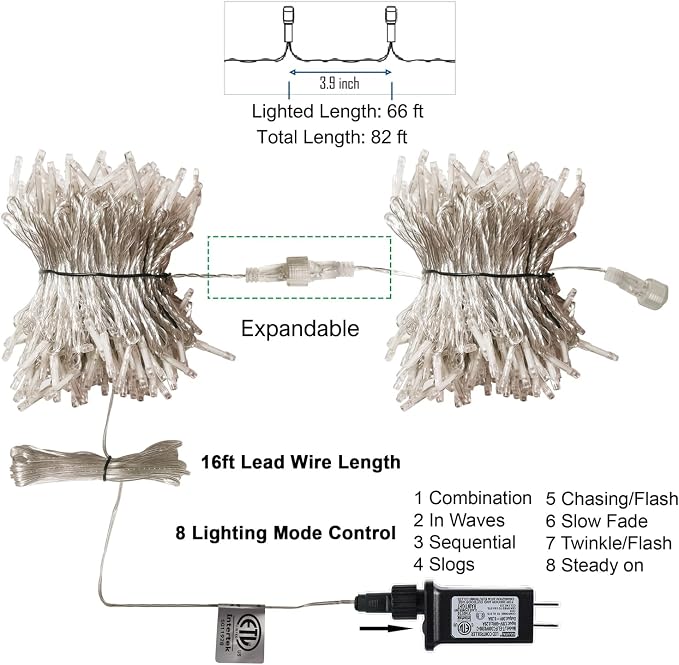 LJLNION 300 LED String Lights Outdoor Indoor, Extra Long 98.5FT Super Bright Christmas Lights, 8 Lighting Modes, Plug in Waterproof Fairy Lights for Holiday Wedding Party Bedroom Decorations ( White)