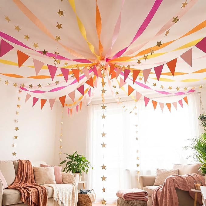 Frienda 14 Pcs Colorful Party Decorations Set 492ft Colorful Crepe Paper Streamers, 52.8ft Gold Star Garlands Backdrop and 4 Pennant Banner Flags for Wedding Birthday Fancy Party Hanging Decorations