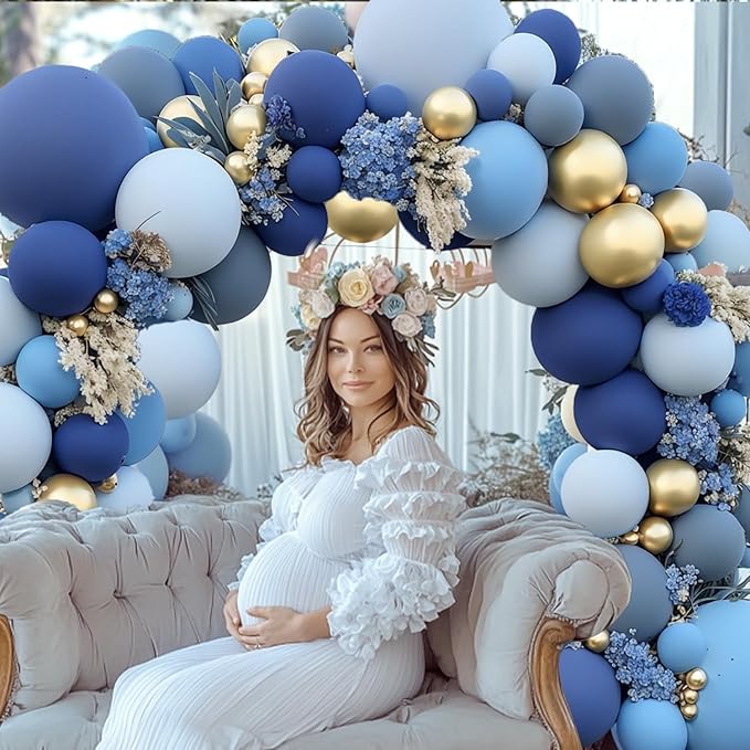 Dusty Blue Gold Balloons Arch Kit, Double Stuffed Pastel Balloon Arch Pastel Light Dark Denim Pale Blue Balloons With Blue Gold Balloons for Birthday Wedding Graduation Party Decorations