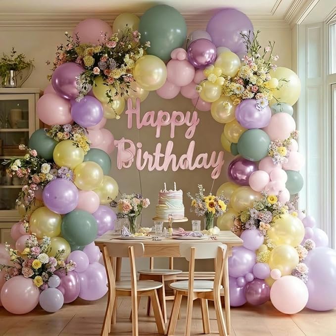 Green Pink Balloon Arch Kit Double Stuffed Light Pastel Lavender Yellow Pearl Balloon Garland for Baby Shower Birthday Spring Wildflower Fairy Garden Tea Butterfly Party Decorations