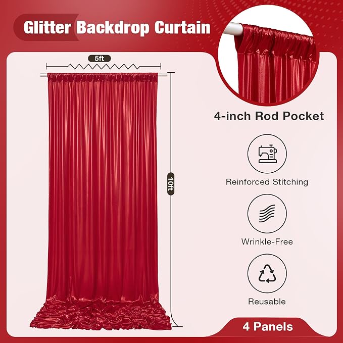 20x10FT Red Sequin Backdrop Curtain for Party - 4 Panels 5x10FT Wrinkle-Free Shimmer Drapes for Birthday, Wedding, Christmas, Decorations & Photography