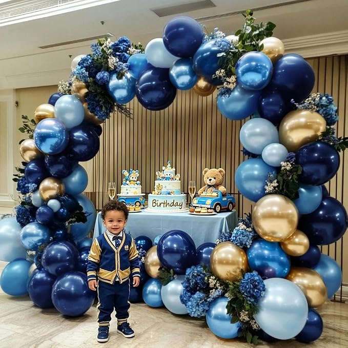 Navy Blue Gold Balloon Arch Kit, Double Stuffed Royal Pastel Blue Balloon Garland Different Sizes Metallic Gold Balloons for Birthday Baby Shower Graduation Wedding Anniversary Fathers Day Decor
