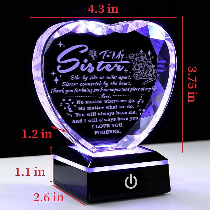 Sister Gifts Sister Birthday Gifts from Sister Brother with Colorful LED Base Idea for Sisters Crystal Heart Keepsake Sisters Gift for Women for Christmas Mother's Day Valentines