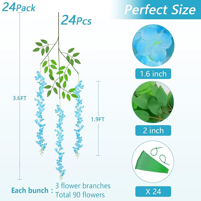24Pcs Artificial Wisteria Hanging Flowers, 3.6Ft/Pcs Blue Fake Wisteria Garland for Wedding Party Home Garden Indoor Outdoor Decoration