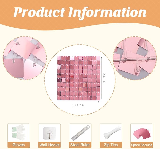 Pink Shimmer Wall Backdrop,Shiny Sequins,12Pcs Sequins Backdrop Panels,Glitter Bling Photo Background Decorations for Birthday Party Wedding Engagement Anniversary Graduation (Each 1FT², Total 12FT²)