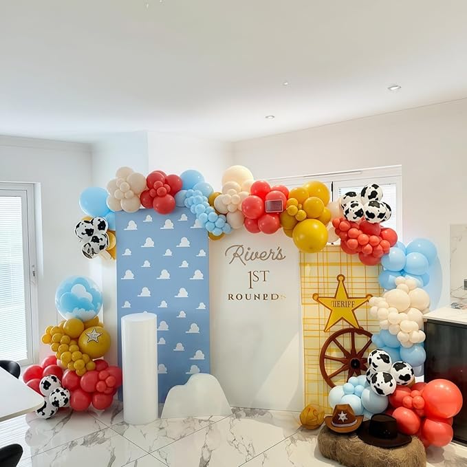 Western Balloon Arch Kit, 123pcs Retro Burnt Orange Pastel Blue Mustard Yellow Balloon Garland with Cow Print Cloud Print Balloons for Boy Story Baby Shower First Rodeo Farm Adventure Decorations