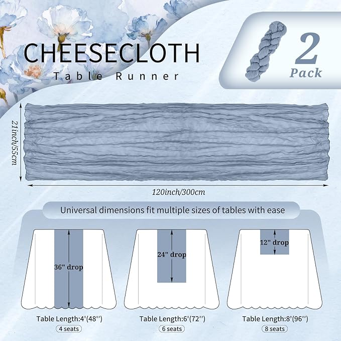 2 Pack Cheesecloth Table Runner 10FT Dusty Blue Table Runner Boho Gauze Cheese Cloth Table Runners Long Rustic Sheer Table Decorations for Wedding Party Baby Bridal Shower Birthday Holiday Home