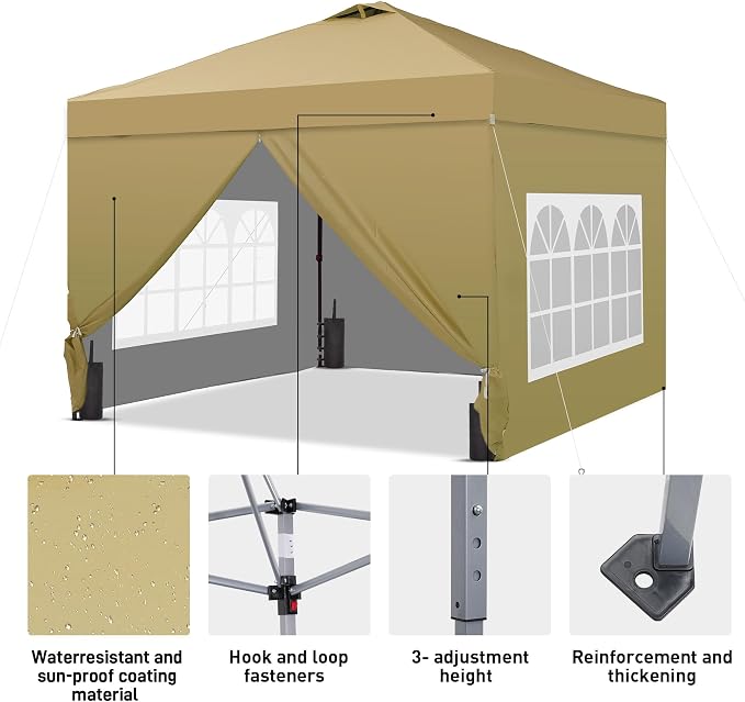 GDY 10'x10' Pop Up Canopy Tent, Portable Gazebo, Easy Up Outdoor Canopy for Events, Parties, Camping, Brown.