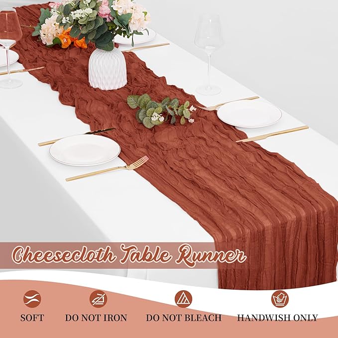 8 Pack Terracotta Cheesecloth Table Runners 20x120 Inch Gauze Table Runner Cheese Cloth 10FT Terracotta Table Runner Rustic Sheer Runner for Wedding Baby Shower Birthday Party Table Decor