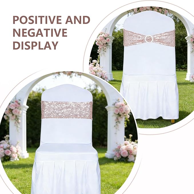 SquarePie Pack of 10 Sequin Chair Sashes Bands Glitter Rose Gold Double-Sided Sequins Stretch Chair Cover Bows with Buckle Slider for Wedding Party Fiesta Banquet Decor