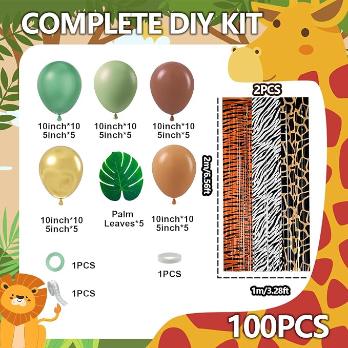 Jungle Safari Balloon Arch Garland Kit Birthday Party Decorations, Animal Foil Fringe Curtains Backdrop Tinsel Streamers Banner Tropical Palm Leaves for Safari Themed Wild Party Decor Supplies Favors