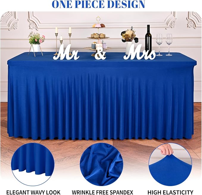 fani 6 Packs Royal Blue Stretch Table Skirts for 6 Foot Rectangle Table, Washable Spandex Stretch Tablecloths with Skirt, Wrinkle Resistant Fitted Tablecover for Wedding Party Banquet