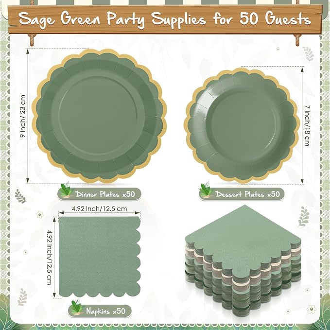 Zhehao 150 Pcs Sage Green Plates and Napkins Tableware Serves 50 Includes 9 Inch 7 Inch Green Scalloped Edges Paper Plate and Napkins for Wedding Birthday Baby Shower Party
